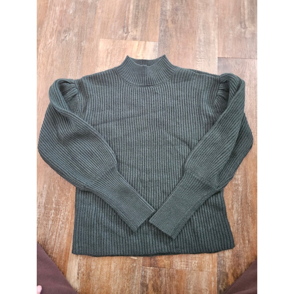 Gianni Bini Ribbed Mock Neck Puff Sleeve Sweater Dark Green XS